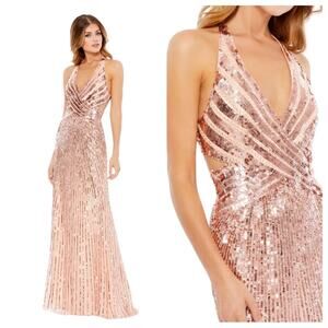 NWT MAC DUGGAL Rose Gold Strappy Faux Wrap Sequin Embellished Cut Out Back Gown